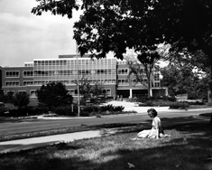 The West Wing of the library in black and white