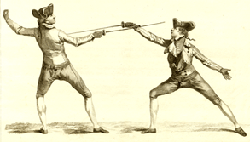 drawing of two men fencing dressed in late 1700's fashion