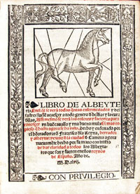 book with a horse on the cover titled Libro de Albeytería by Francisco de la Reyna